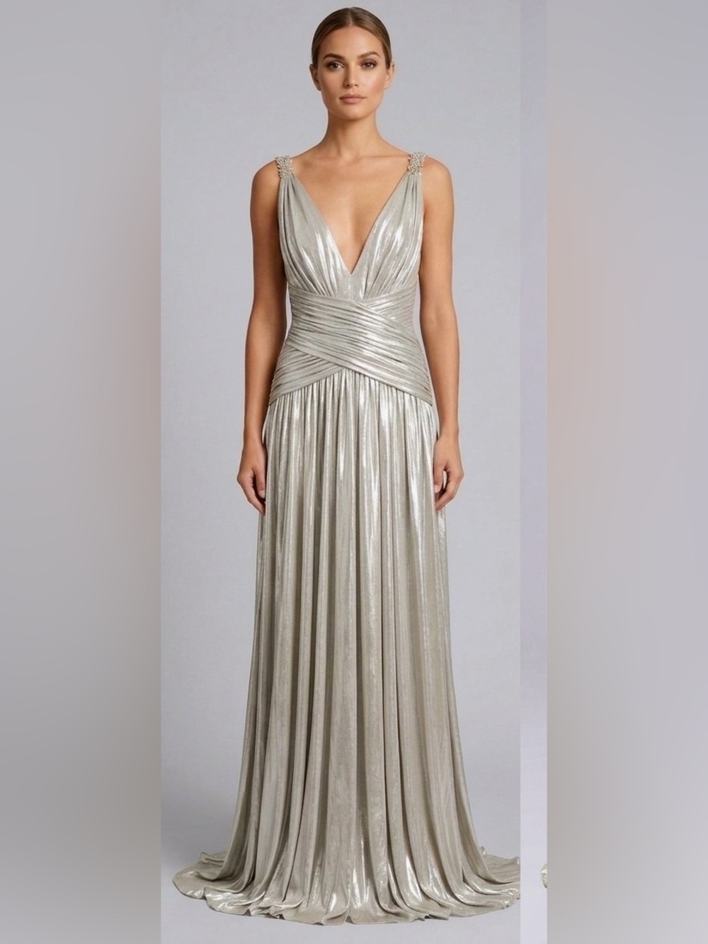 Faviana Silver Metallic Grecian Evening Gown Sz 16 - Picture 4 of 8